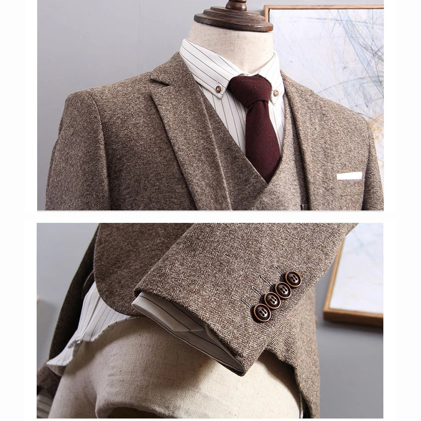 Aidase New Arrival khaki Tweed Groom Tuxedos Notch Lapel Groomsmen Mens Wedding Business Prom Suits 3Pieces Suits (Jacket+Pants+Vest) aidase-shop