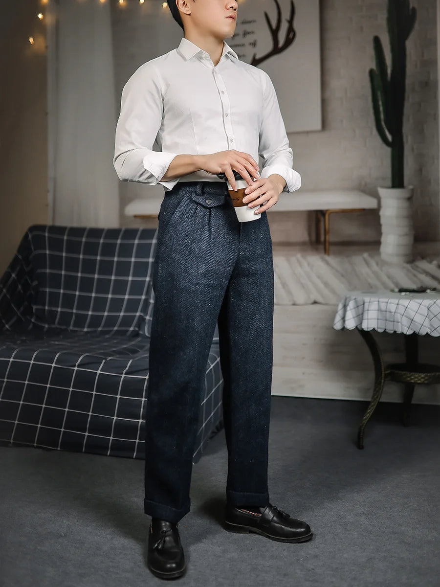 Aidase Autumn and Winter Woollen Trousers American Style Retro Loose Coarse Tweed Herringbone Straight Tube Casual Tweed Men's Pants aidase-shop