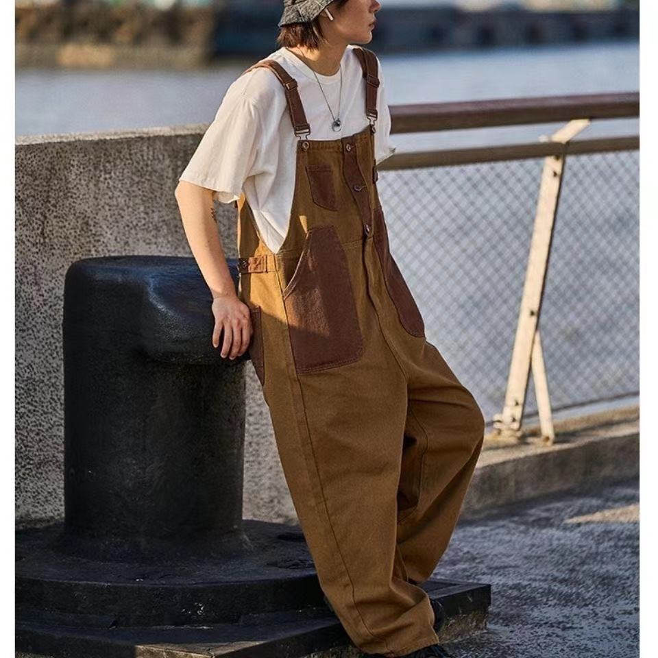 Aidase   Men's New Japanese Retro Overalls Brown Color Casual Pants Couple Pants Loose Straight Trousers Salopettes Romper Jumpsuit aidase-shop
