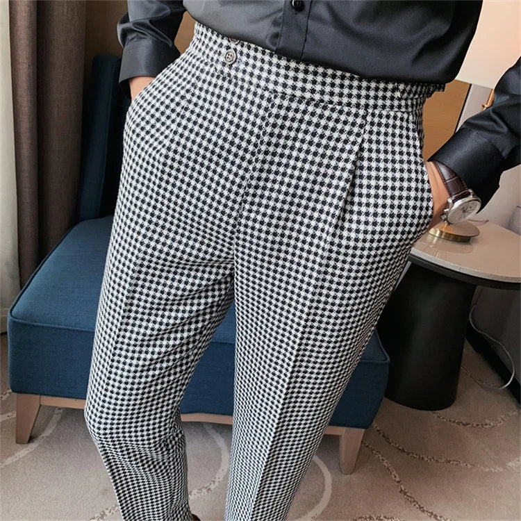 Aidase British Style Men High Waist Business Dress Pants Fashion Houndstooth Office Social Suit Pants Wedding Groom Casual Trousers Men aidase-shop