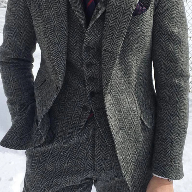 Aidase Gray Wool Tweed Winter Men Suit's For Wedding Formal Groom Tuxedo Herringbone Male Fashion 3 Piece Suit (Jacket + Vest + Pants) aidase-shop