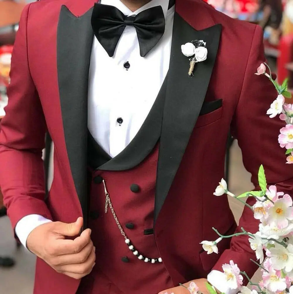 Aidase Men Suit Fashion Formal Business Slim Fit 3 Pieces White Blazers Burgundy Pants Men's  Wedding Male Set Groom Suit aidase-shop