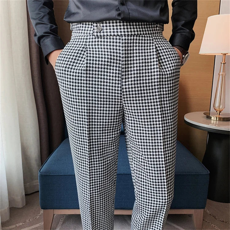 Aidase British Style Men High Waist Business Dress Pants Fashion Houndstooth Office Social Suit Pants Wedding Groom Casual Trousers Men aidase-shop