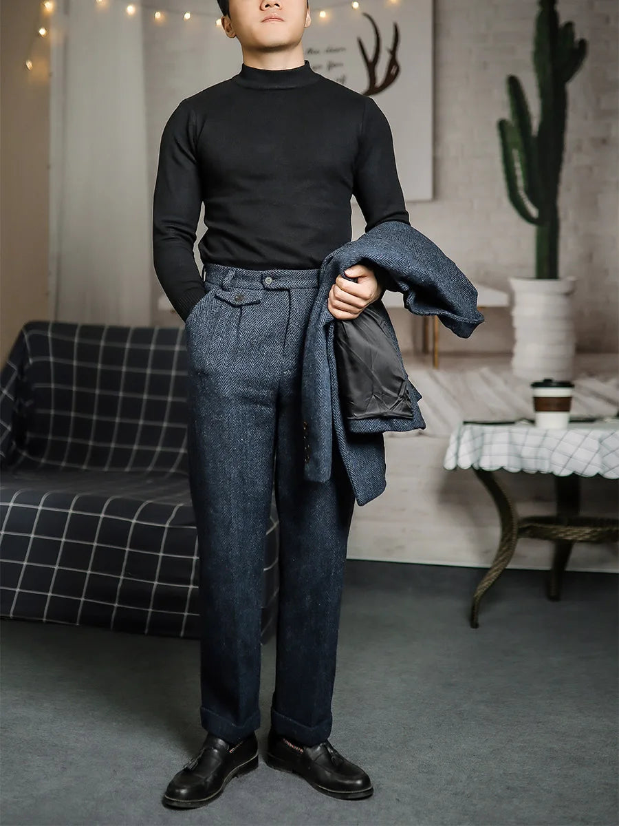 Aidase Autumn and Winter Woollen Trousers American Style Retro Loose Coarse Tweed Herringbone Straight Tube Casual Tweed Men's Pants aidase-shop
