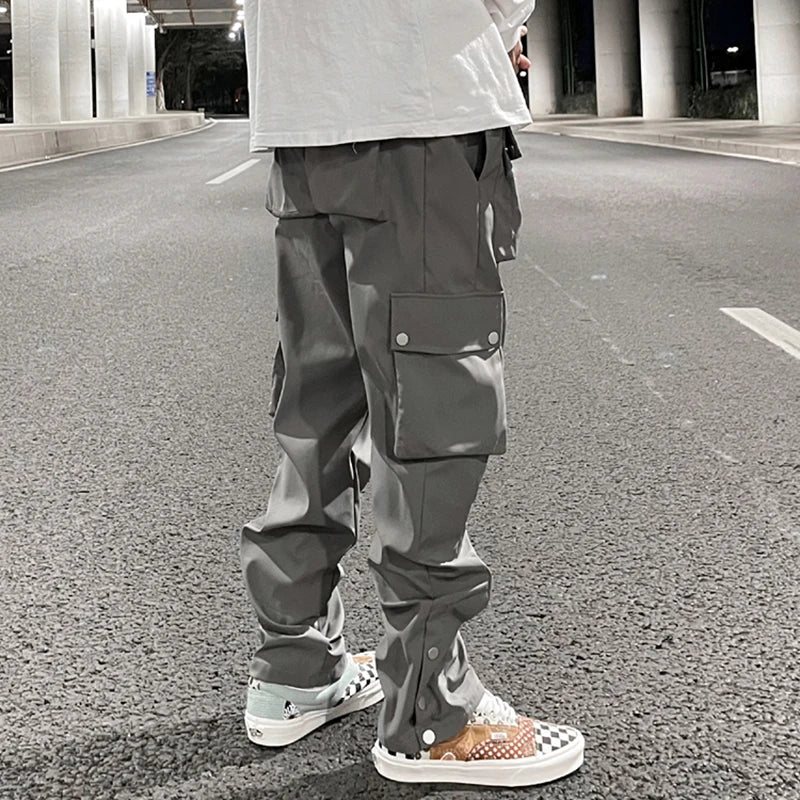 59.15Aidase High Street Multi-pocket Casual Trousers for Men and Women Side Breasted Drawstring Cargo Pants Harajuku Solid Loose Pants aidase-shop