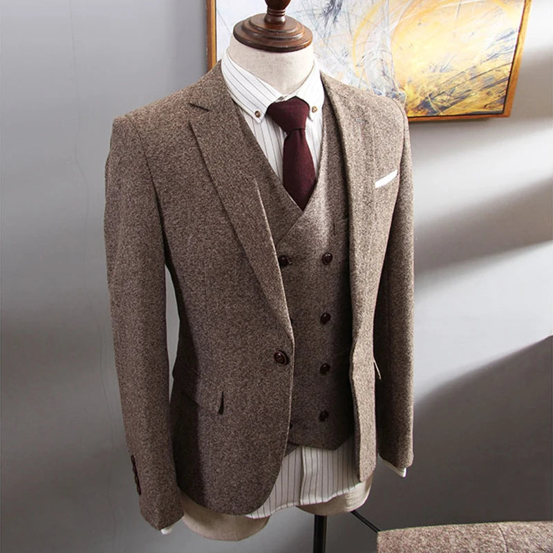 Aidase New Arrival khaki Tweed Groom Tuxedos Notch Lapel Groomsmen Mens Wedding Business Prom Suits 3Pieces Suits (Jacket+Pants+Vest) aidase-shop
