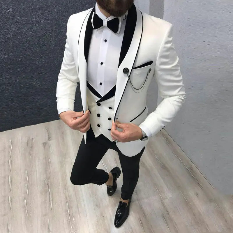 Aidase Men Suit Fashion Formal Business Slim Fit 3 Pieces White Blazers Burgundy Pants Men's  Wedding Male Set Groom Suit aidase-shop