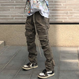 Aidase High Street Multi-pocket Drawstring Overalls Mens Straight Vibe Style Oversize Casual Cargo Pants Hip Hop Loose Baggy Trousers