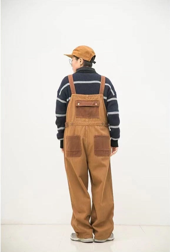 Aidase   Men's New Japanese Retro Overalls Brown Color Casual Pants Couple Pants Loose Straight Trousers Salopettes Romper Jumpsuit aidase-shop