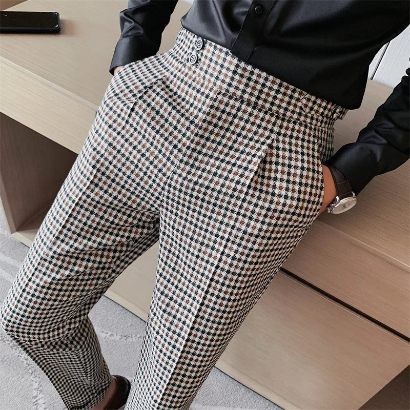 Aidase British Style Men High Waist Business Dress Pants Fashion Houndstooth Office Social Suit Pants Wedding Groom Casual Trousers Men aidase-shop