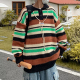 Aidase Winter Men Pullover Striped Patchwork Panelled Warm Sweaters Soft All-match Retro Harajuku Trendy Male Chic Streetwear Fall Tops aidase-shop