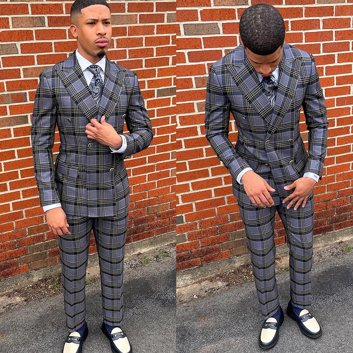 Aidase New Men's Suit 2 Pieces Blazer Pants Double Breasted Peaked Lapel Plaid Formal Stripes Wedding Groom Tailored Costume Homme aidase-shop