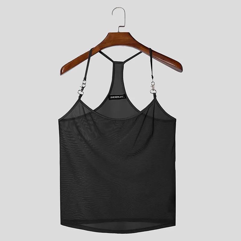 AIDASE  -  Men Tank Tops Mesh Transparent Solid Color Sexy Sleeveless Male Vests Summer Streetwear 2025 Fashion Men Clothing S-3XL aidase-shop