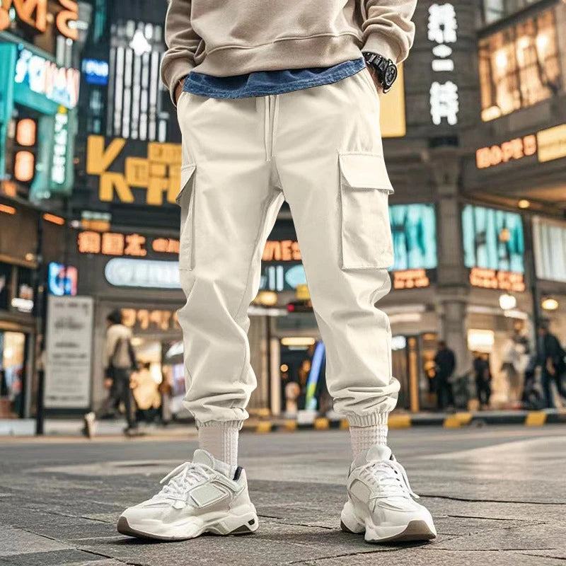 AIDASE  -  Summer Casual Loose Trousers Men Fashion Pure Color Drawstring Patchwork Pants Stylish Mens Multi Pockets Cargo Pants Streetwear aidase-shop