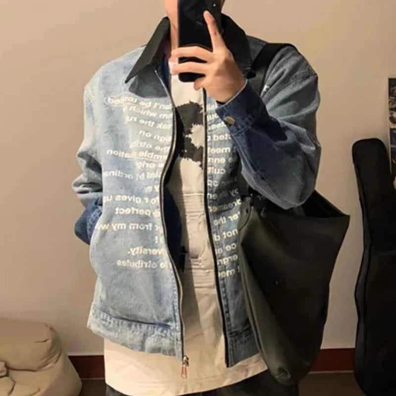 AIDASE  -  Men's Clothing Vintage Letter Zipper Denim Jacket Men's Spring And Fall Design Lapel Washed Biker Jacket Outerwears Coats Y2k aidase-shop