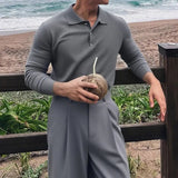 AIDASE  -  Slim Fit Button-up Turn-down Collar Knit Polo Shirt Fall Fashionable Mens Long Sleeve Polos Trendy Men's Solid Color Polo Shirts