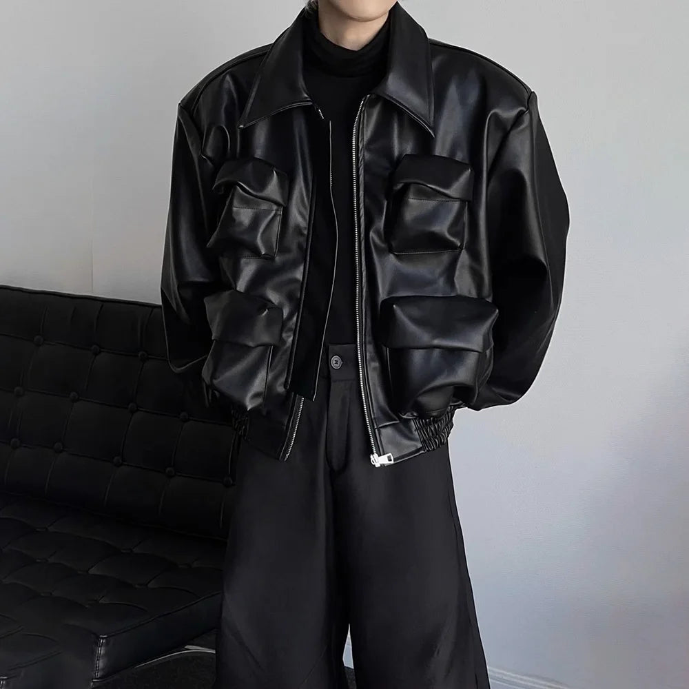 AIDASE  -  Y2K Mens PU Leather Jacket Pocket Motorcycle Coat Spring Casual Gothic High Street Dark Silhouette Top Men's Wear Unisex 2025 aidase-shop