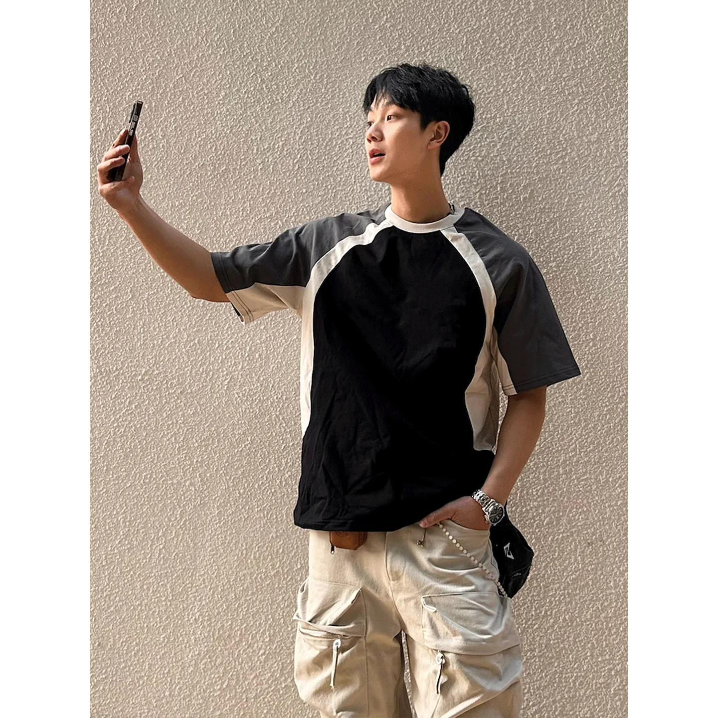 AIDASE  -  Summer American Style Color Block Raglan Round Neck Short Sleeve T-Shirt Men's Pure Cotton Heavyweight Loose Half Sleeve Top aidase-shop