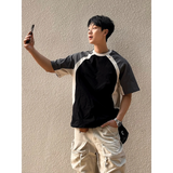 AIDASE  -  Summer American Style Color Block Raglan Round Neck Short Sleeve T-Shirt Men's Pure Cotton Heavyweight Loose Half Sleeve Top aidase-shop