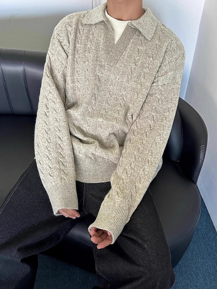 AIDASE  -  Autumn Casual Long Sleeve Knit Jumper Tops Mens Vintage Polo Neck Knitted Pullover Trendy Men's Twist Crochet Sweater Polo Shirt aidase-shop