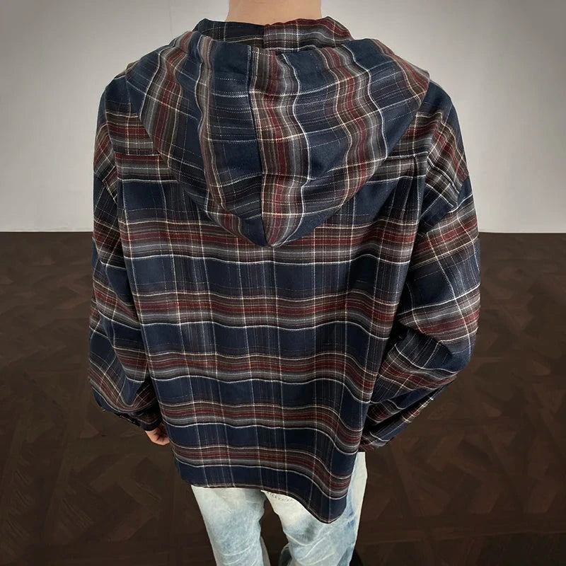 AIDASE  -  Men's Hooded Shirt Autumn Winter New Plaid Long Sleeve Single-breasted Design Fashion Versatile Loose Male Shirts 21E7421 aidase-shop