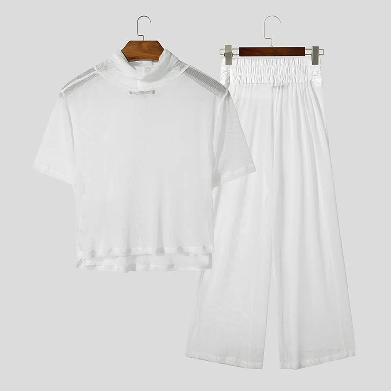 AIDASE  -  Men Sets Mesh See Through Sexy Turtleneck Short Sleeve T Shirt & Pants 2PCS Streetwear Summer 2025 Fashion Men's Suits aidase-shop