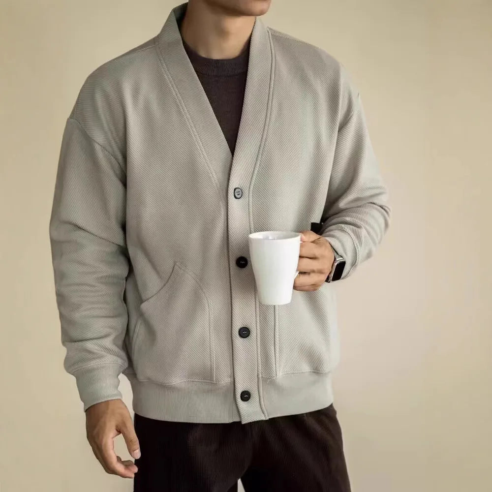 AIDASE  -  European Large V-neck Work Jacket Men's Twill Texture Elastic Long-sleeved Sweatshirt Cardigan Casual Commuting aidase-shop