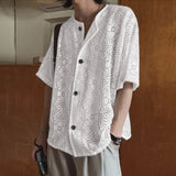 AIDASE  -  2025 Men Shirt Lace See Through Sexy O-neck Short Sleeve Button Male Tops Shirts Streetwear Sexy Men Clothing Summer aidase-shop
