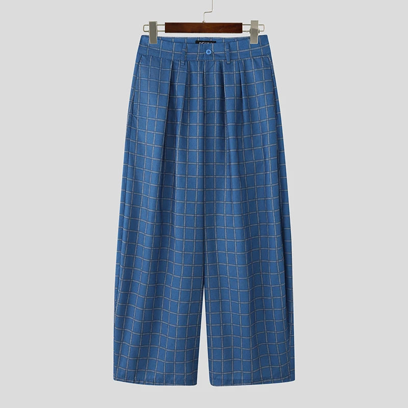 AIDASE  -  Men Pants Plaid Button Joggers Loose Casual Wide Leg Trousers Men Streetwear 2025 Pleated Oversize Fashion Long Pants aidase-shop
