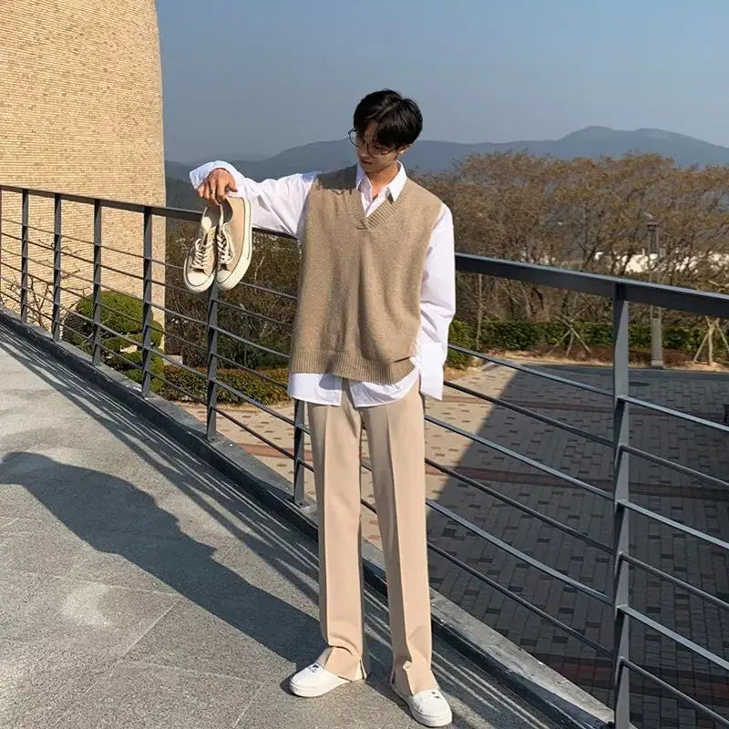Aidase Autumn Sweater Vest Suits Men's Elegant Casual Set Handsome New Long Sleeve Shirt  V-neck Vet Khaki Trousers 3pcs/2pcs Set aidase-shop