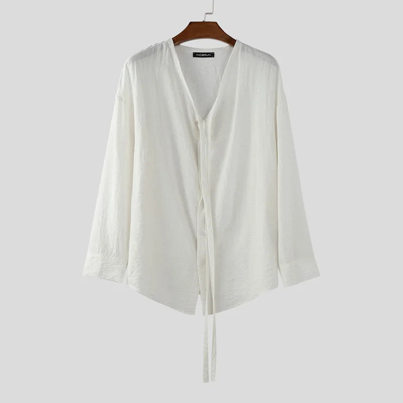 AIDASE  -  Men Shirt Solid Color V Neck Long Sleeve Loose Casual Male Tops Streetwear Korean Style Shirts 2025 Fashion Men Clothing aidase-shop