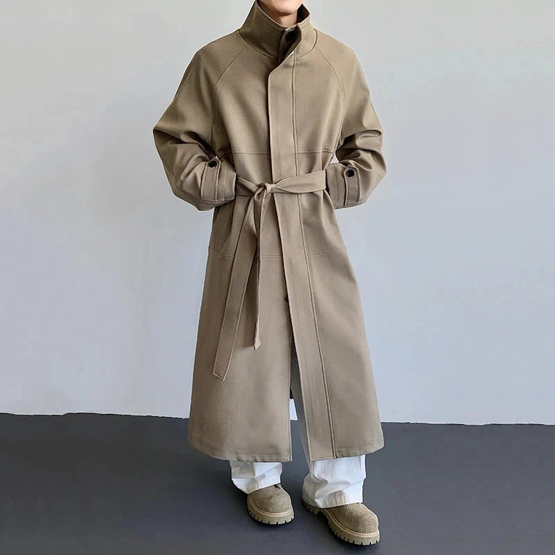 AIDASE  -  Autumn New Men's Mid-Length Trench Coat Korean Style Over-the-Knee Long Sleeve Lace-up Stand collar Windbreaker 21E7663 aidase-shop