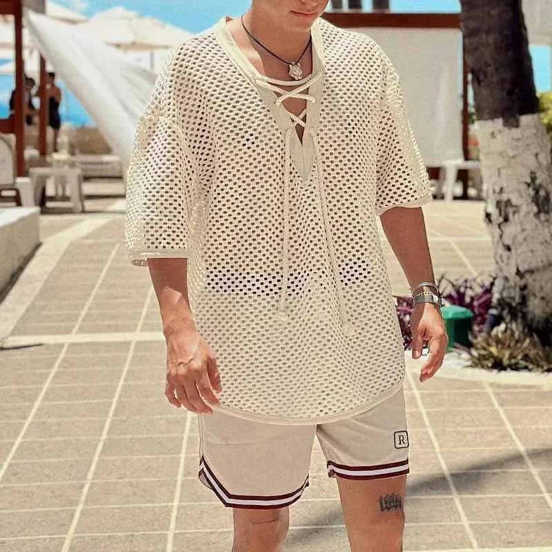 AIDASE  -  Summer New Man's Tide Mesh Hollow Out Knitted T-shirt V-Neck Short Sleeve Pullover Casual High Street Chic Sexy Tops W11957 aidase-shop
