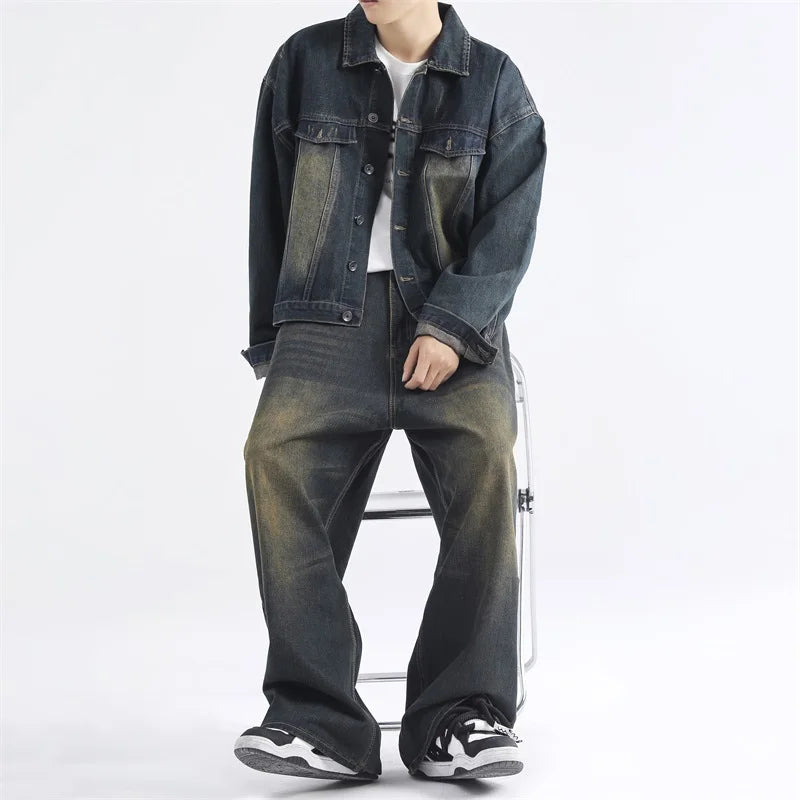 Aidase American Retro Vintage Denim Lapel Jacket Men's Hight Street Drape Wide Leg Jeans Hip Hop Trousers Suit/single Piece aidase-shop