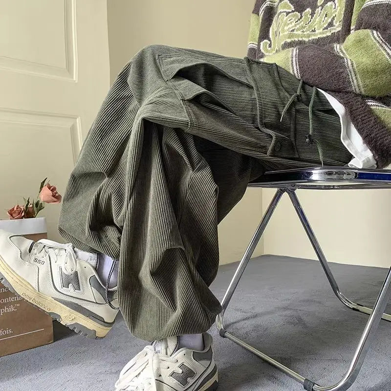 Aidase Corduroy Cargo Pants for Men Streetwear Black Cargo Trousers Male Joggers Hip Hop Green Black Japanese Pocket Korean aidase-shop