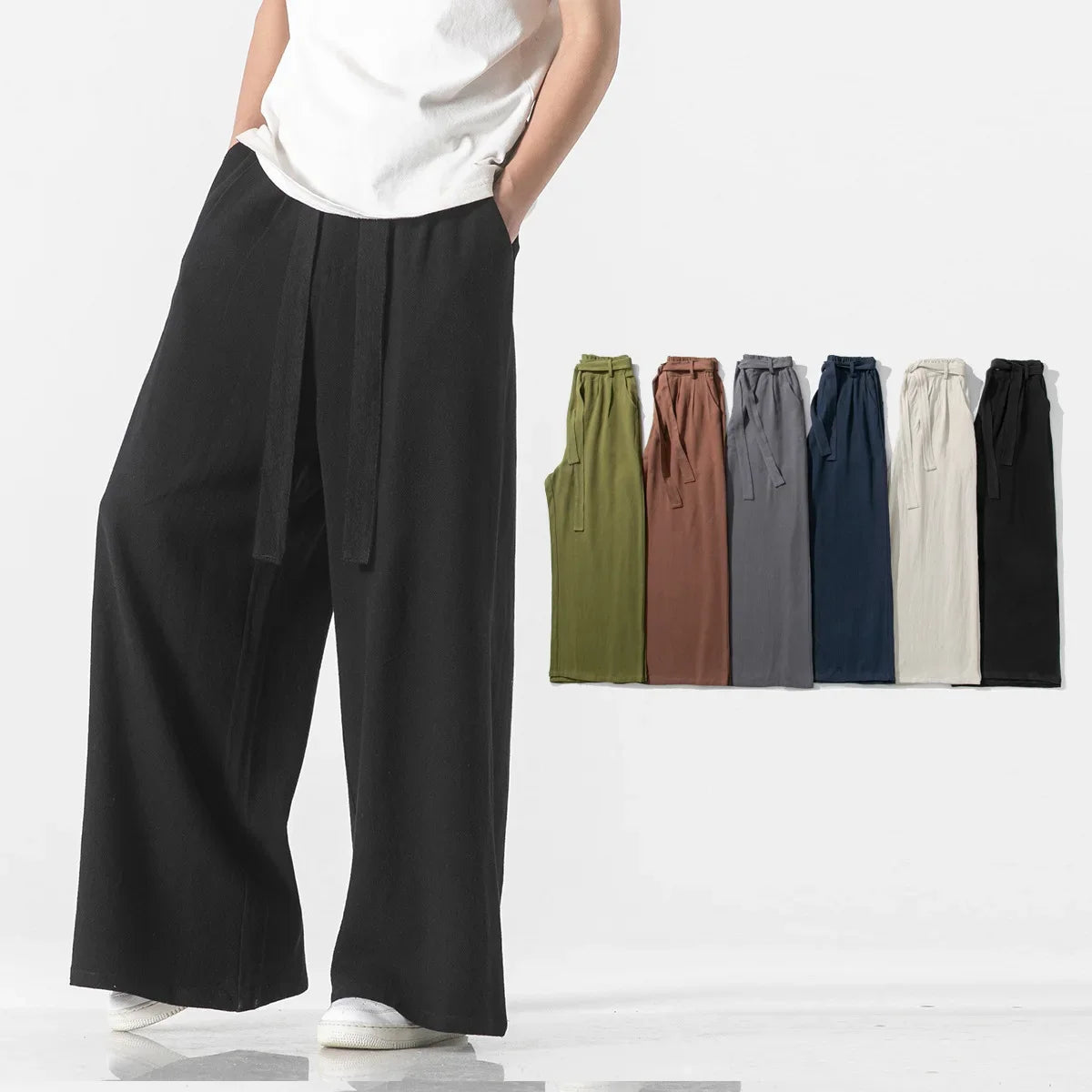 AIDASE  -  Spring Cotton Linen Pants Men Elastic Waist Casual wide leg Pant Loose Sweatpants Traditional Chinese Trousers pantalons homme aidase-shop