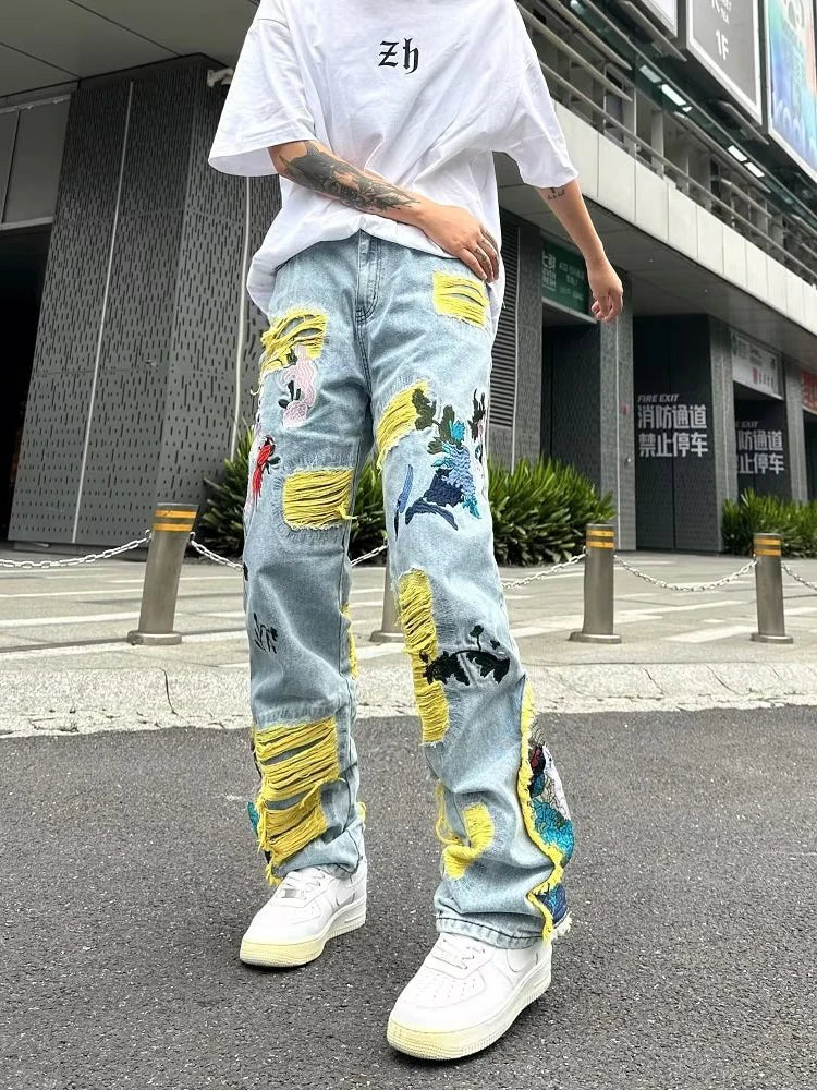 Aidase Streetwear Men Stylish Hip Hop Ripped Patch Slim Fit Jeans Pants Streetwear Casual Straight Denim Trousers aidase-shop