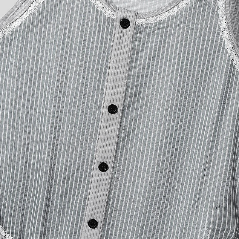 AIDASE  -  Men Bodysuits Lace Striped Patchwork O-neck Button Sleeveless Male Rompers Sexy 2025 Skinny Fashion Cozy Bodysuit Men aidase-shop