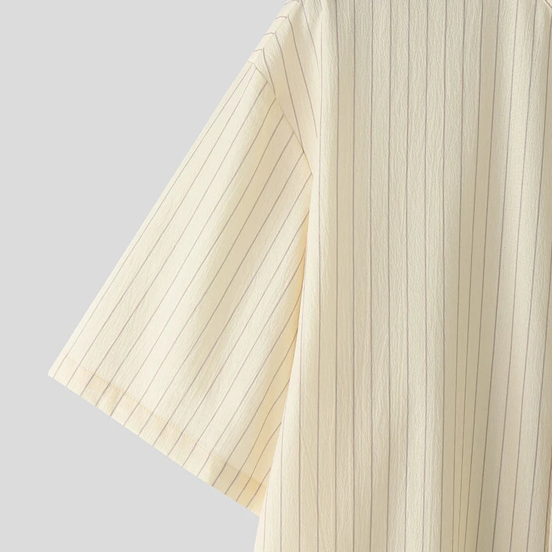 AIDASE  -  Men Striped Shirt Stand Collar Short Sleeve Button Loose Men Clothing Summer Streetwear 2025 Fashion Casual Male Shirts aidase-shop