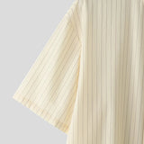 AIDASE  -  Men Striped Shirt Stand Collar Short Sleeve Button Loose Men Clothing Summer Streetwear 2025 Fashion Casual Male Shirts aidase-shop