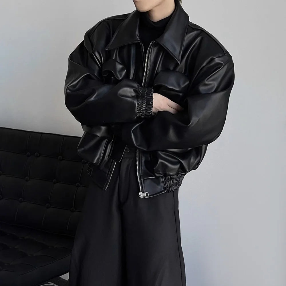 AIDASE  -  Y2K Mens PU Leather Jacket Pocket Motorcycle Coat Spring Casual Gothic High Street Dark Silhouette Top Men's Wear Unisex 2025 aidase-shop