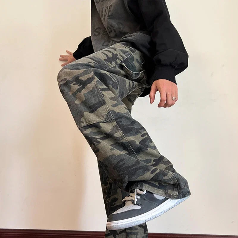 Aidase Jeans Men Military Fashion High Street Daily Spring Autumn Camouflage Spliced Handsome Loose American Style Teenagers Versatile aidase-shop