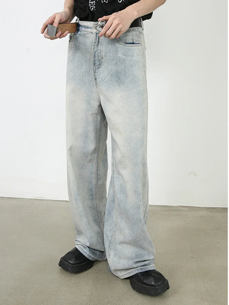 Aidase Korean Style Retro Fashion Distressed Light Blue Jeans Men Zippered Loose Casual Straight Leg Wide Leg Pants aidase-shop