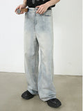 Aidase Korean Style Retro Fashion Distressed Light Blue Jeans Men Zippered Loose Casual Straight Leg Wide Leg Pants aidase-shop