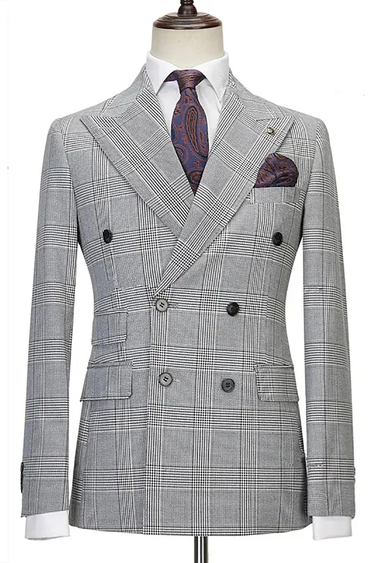 Aidase Gray Check Mens Wedding Tuxedos Double Breasted Slim Fit  Pants Suits Formal Party  Groom Wear 2 Pieces aidase-shop
