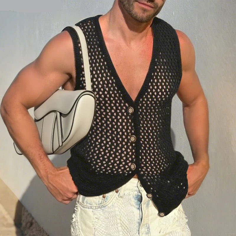 AIDASE  -  Mesh Men Tank Tops Sleeveless Sexy Tops Tee Summer V Neck Buttons Tops Streetwear Vests Oversize S-3XL Men's Clothing aidase-shop