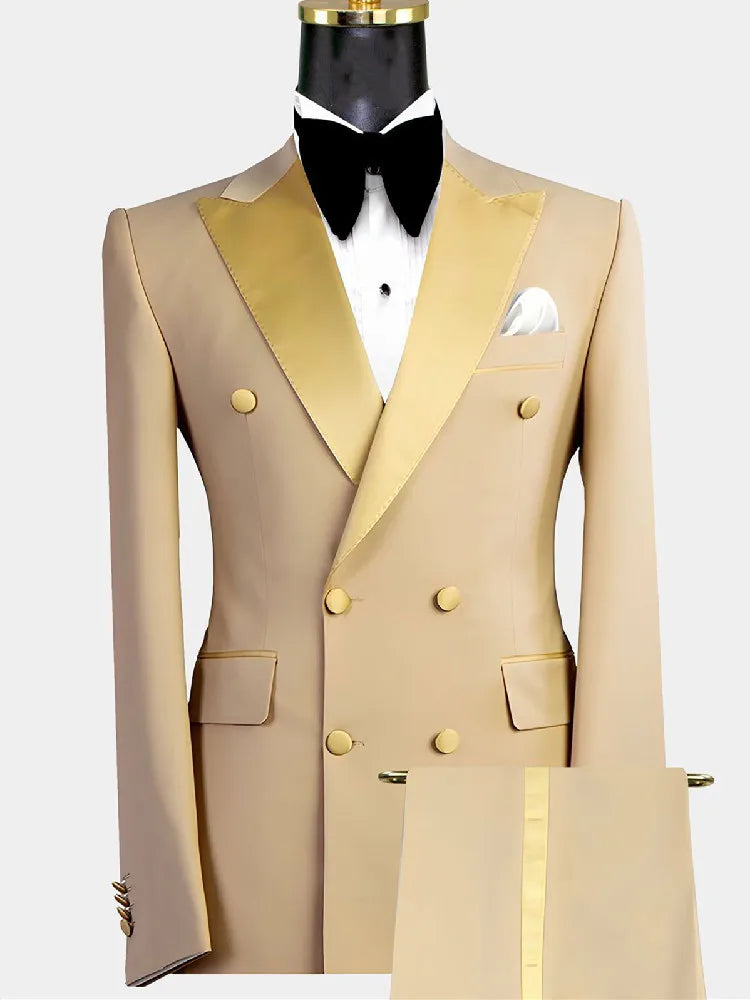 Aidase Gold Men Suits 2 Pieces Blazer Pure Pants Double Breasted Tuxedo Modern SatinWide Lapel Wedding Formal Work Prom Causal Tailored aidase-shop