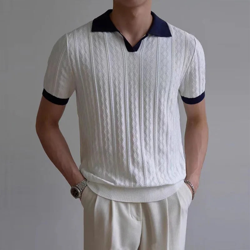 AIDASE  -  Knitting Short Sleeve Turn-down Collar Polos Men Summer New Casual Breathable Knit Polo Shirt Classic Mens Patchwork Polo Shirts aidase-shop