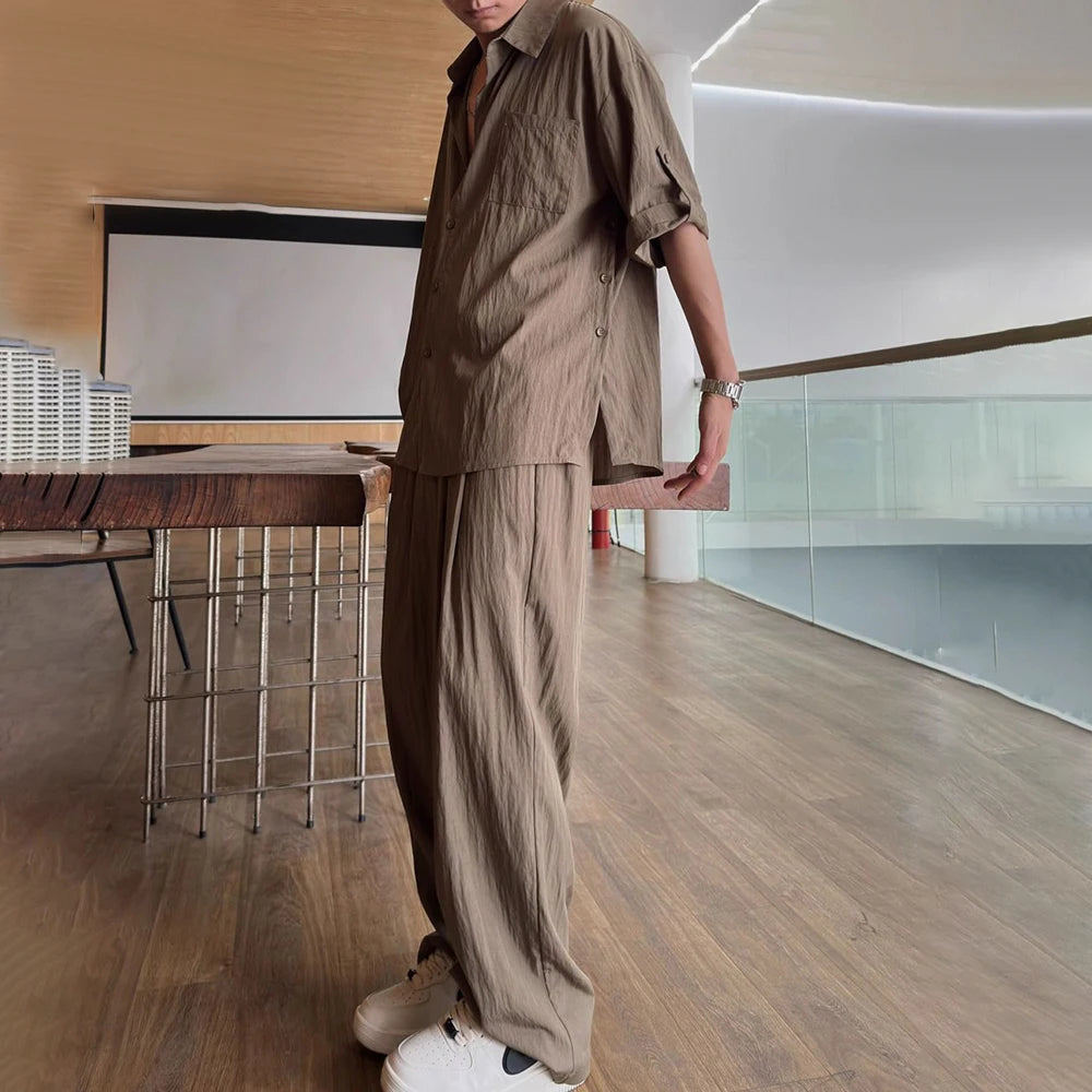 Aidase Mens Casual Light Shirt Wide Leg Pants 2024 New Genderless Fashion Vacation Basics Versatile Solid Color Suit Two-Piece Unisex aidase-shop