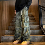 Aidase Spring Autumn Men's Clothing Elastic High Waisted Pockets Camouflage Loose Casual Contrast Color Trousers Wide Leg England Pants